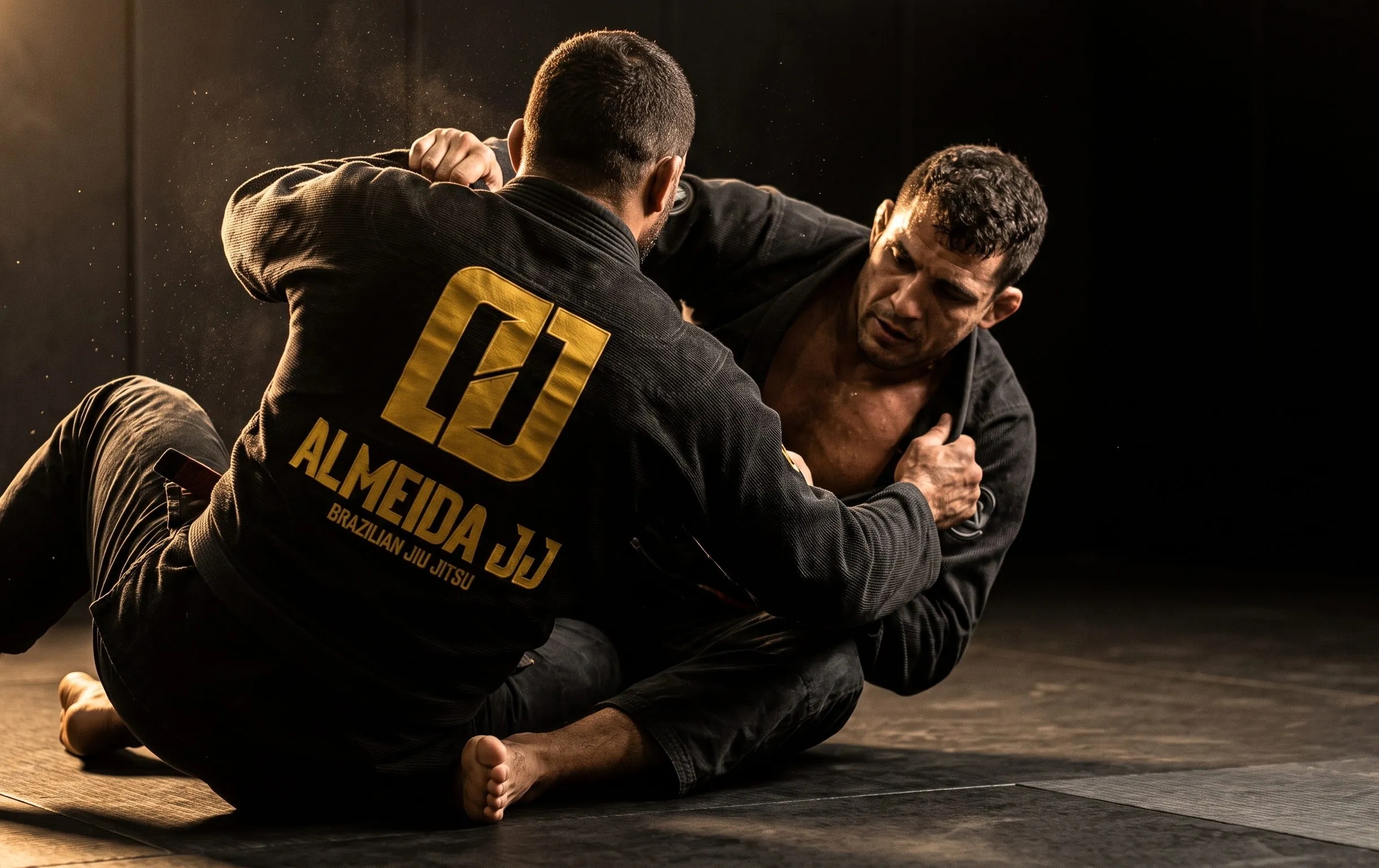 Dois atletas de kimono do Almeida Jiu-Jitsu Pindamonhangaba treinando uma passagem de guarda no tatame